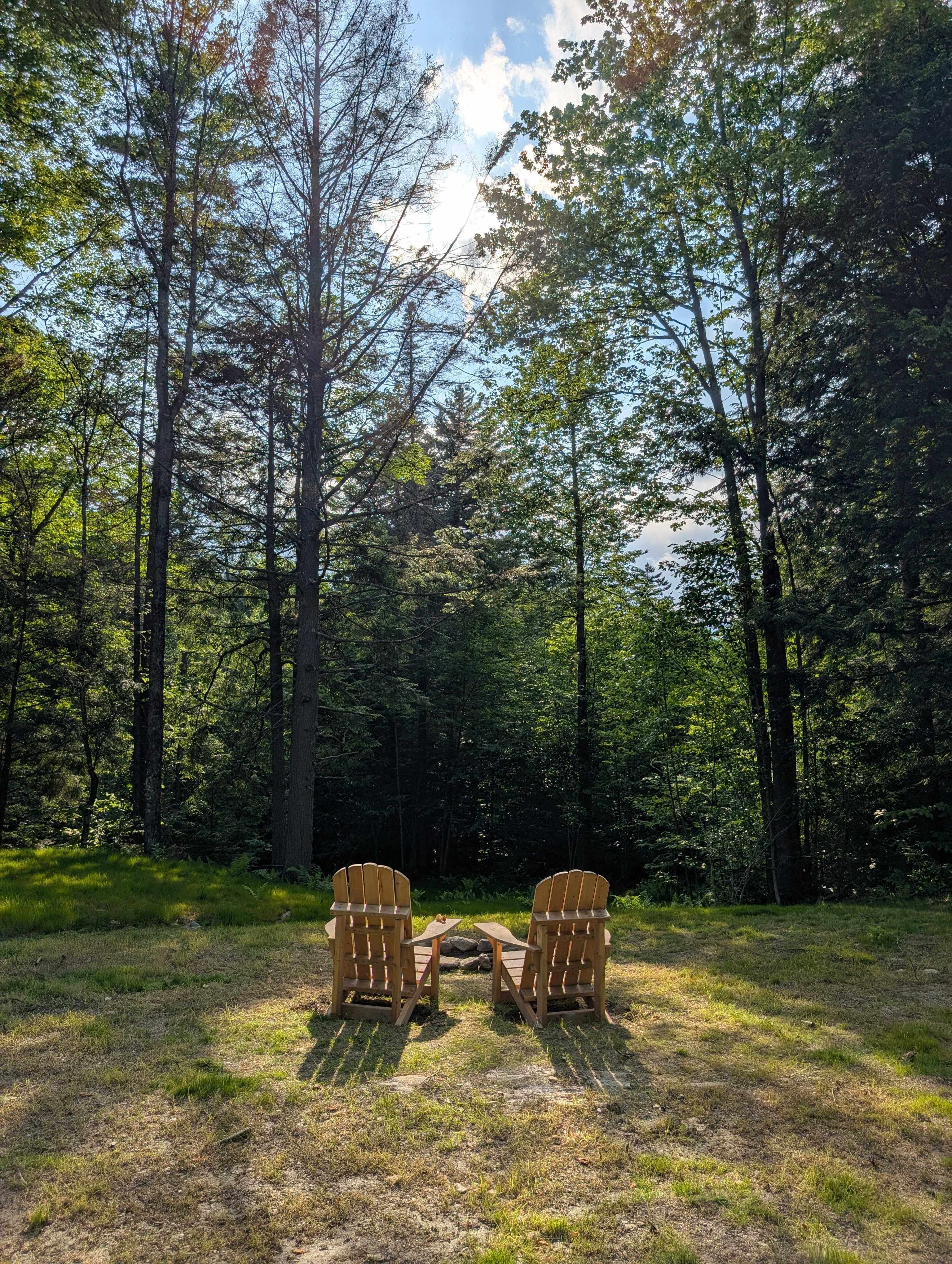 Two Adirondack chairs in the clearing with forest backdrop